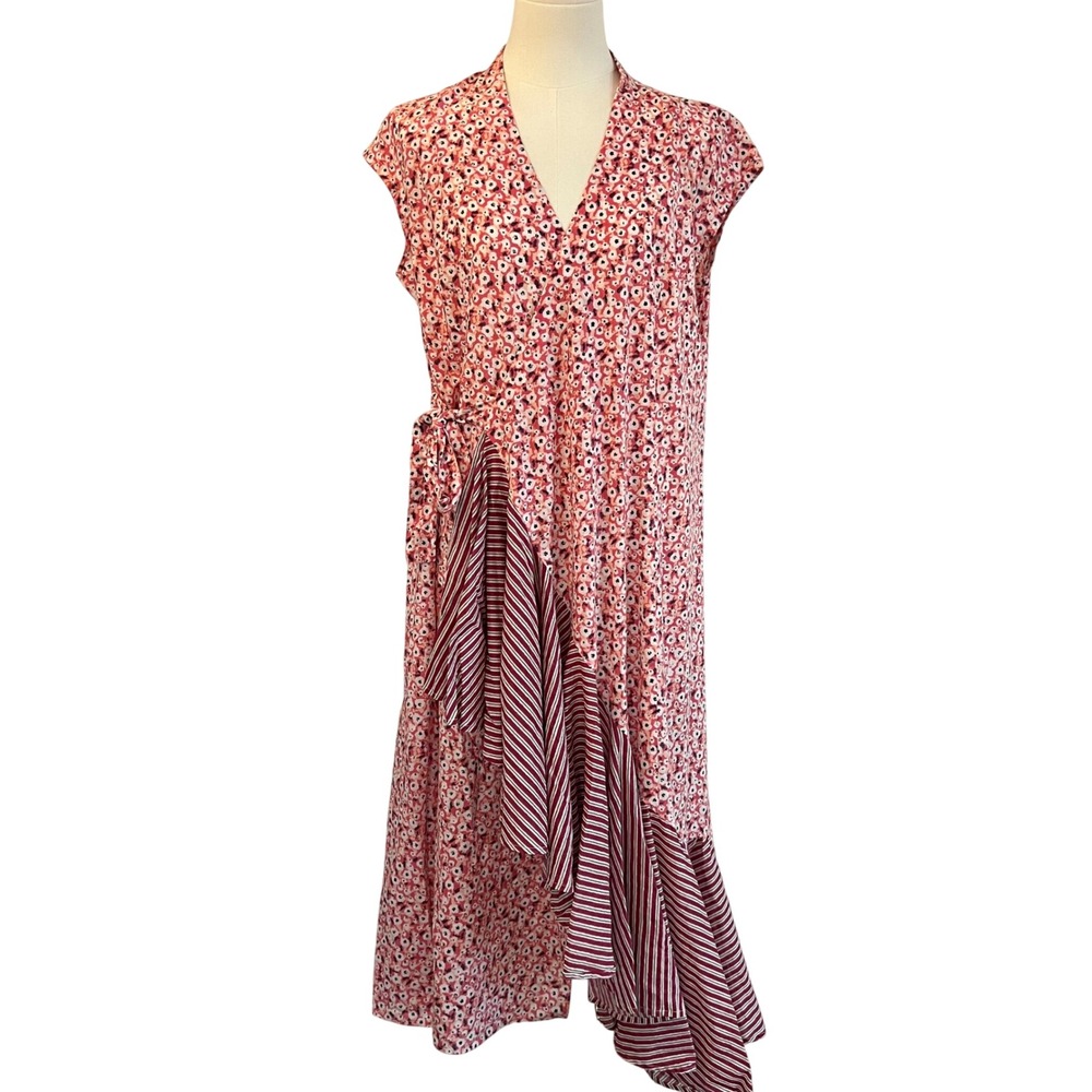Nazila Couture Pink Cotton Floral Wrap Midi Dress Striped Ruffle Size L